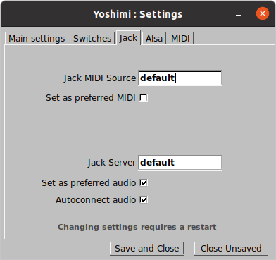 Yoshimi's settings window Jack tab.