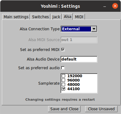 Yoshimi's settings window Alsa tab.
