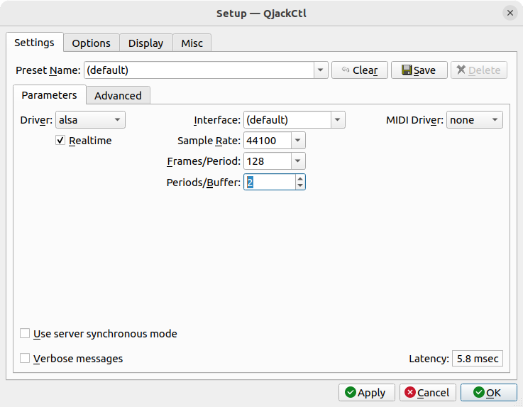 Screenshot of the qjackctl settings dialog