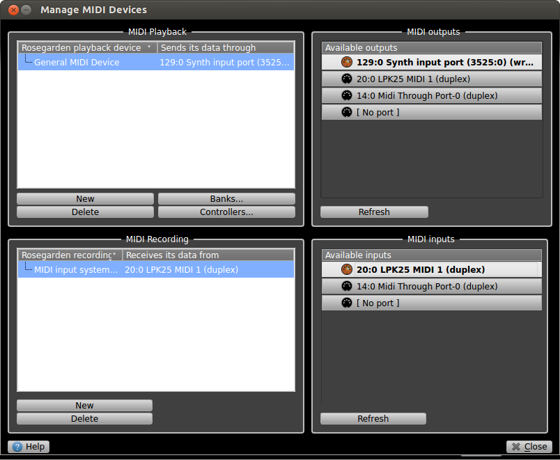 Screenshot of rosegarden's Manage MIDI Devices dialog
